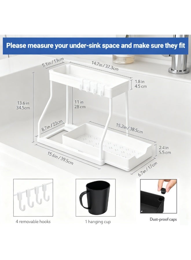 Arabest منظم ومخزن تحت الحوض 2 قطعة مع خزانة حمام منزلقة من طبقتين مع خطافات - منظم متعدد الأغراض تحت الحوض للمطبخ - Image 5