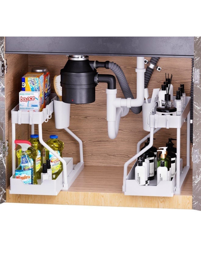 Arabest منظم ومخزن تحت الحوض 2 قطعة مع خزانة حمام منزلقة من طبقتين مع خطافات - منظم متعدد الأغراض تحت الحوض للمطبخ - Image 3