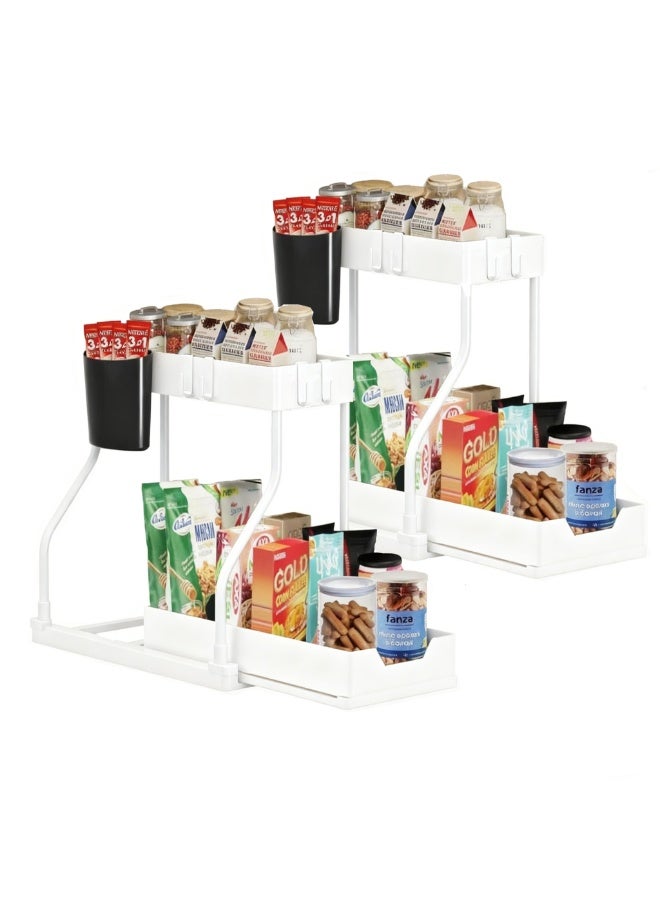 Arabest منظم ومخزن تحت الحوض 2 قطعة مع خزانة حمام منزلقة من طبقتين مع خطافات - منظم متعدد الأغراض تحت الحوض للمطبخ - Image 2