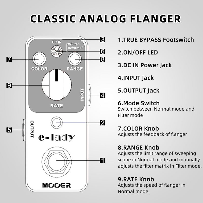 Mooer E-lady Analog Flanger Pedal, Filter Mode, Oscillator effects, Ture Bypass - Image 3