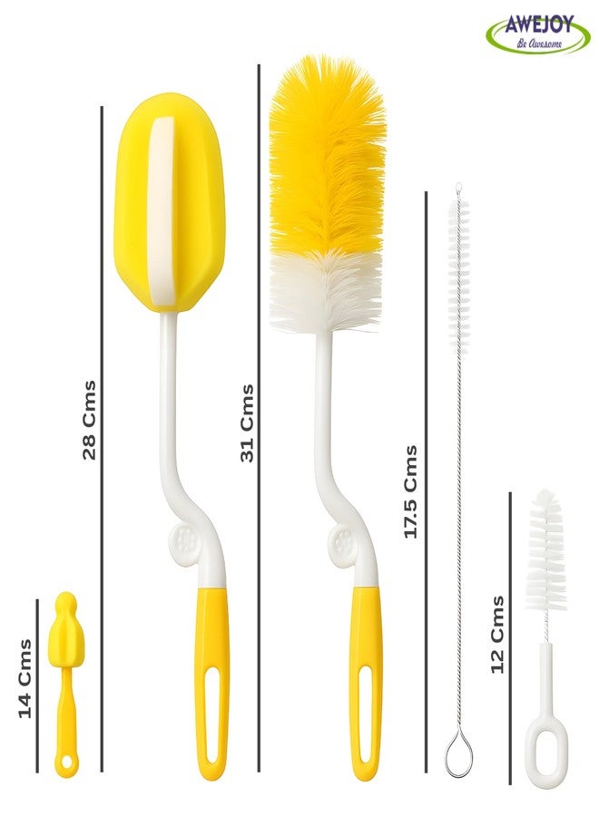 AWEJOY 5-in-1 Baby Bottle Cleaning Brush Set | Includes Nipple, Straw & Sponge Brushes | Safe Nylon Bristles for Feeding Bottles & Nipples (Yellow) - Image 2