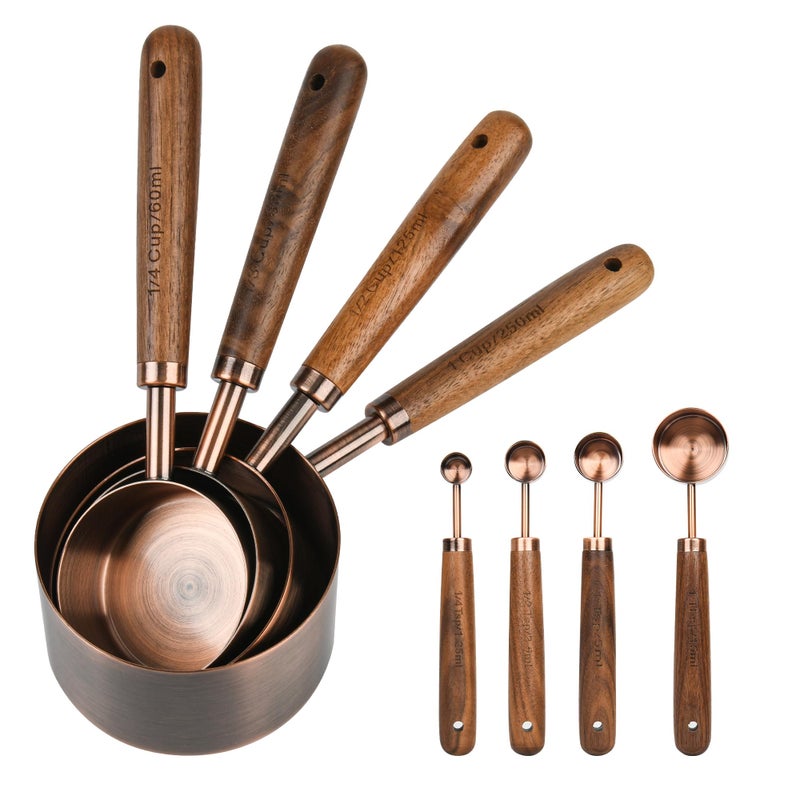 Smithcraft Copper Measuring Cups & Spoons Set 8, Stainless Steel Measuring Cups and Spoons Set for Baking and Kitchen, Metric & US Metal Measure Cup & Spoon with Wood Handle for Dry & Liquid - Image 1