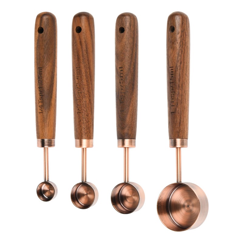 Smithcraft Copper Measuring Cups & Spoons Set 8, Stainless Steel Measuring Cups and Spoons Set for Baking and Kitchen, Metric & US Metal Measure Cup & Spoon with Wood Handle for Dry & Liquid - Image 3