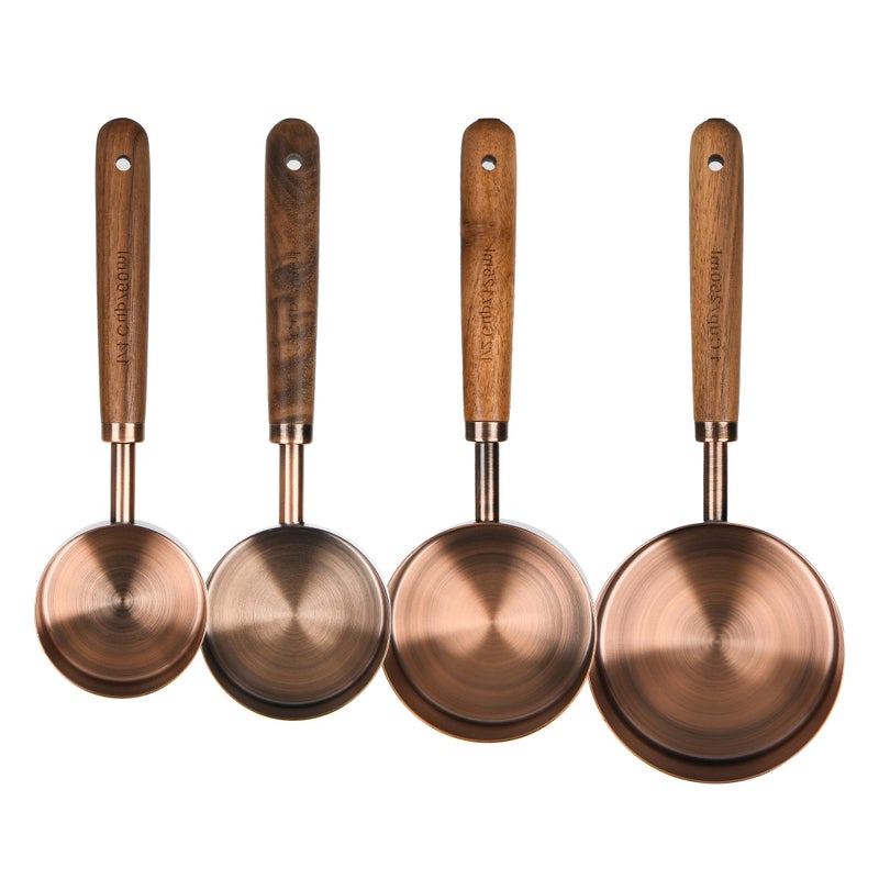 Smithcraft Copper Measuring Cups & Spoons Set 8, Stainless Steel Measuring Cups and Spoons Set for Baking and Kitchen, Metric & US Metal Measure Cup & Spoon with Wood Handle for Dry & Liquid - Image 2