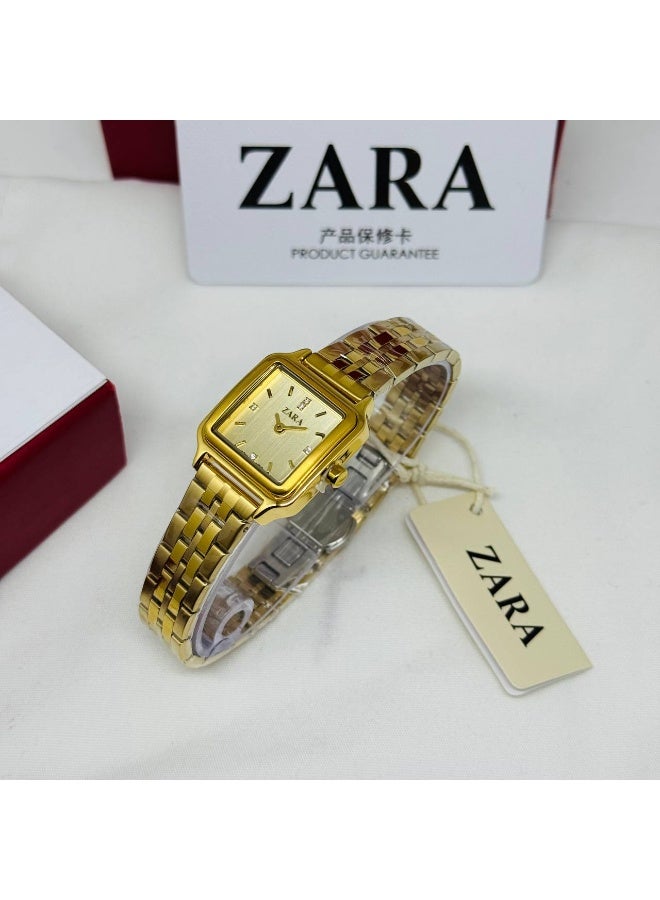 ZARA Luxury Women's All-Gold Rectangular Watch | Gold Dial with Crystal Markers | Stainless Steel Bracelet