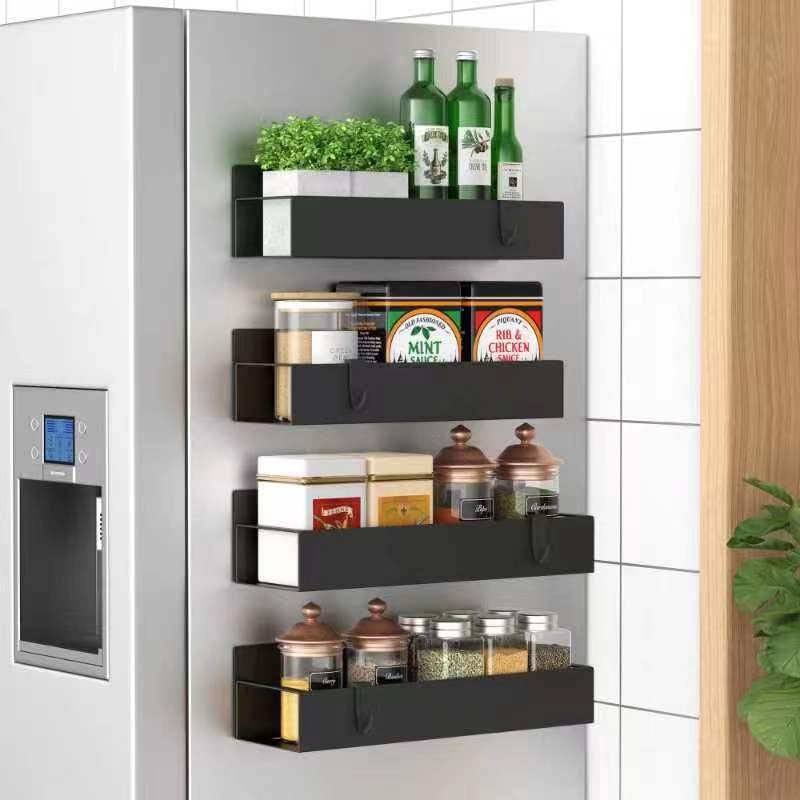 HuggieGems Metal 4 Pack Magnetic Spice Storage Rack Organizer for Refrigerator and Oven, Black Fridge Organizers and Storage - Image 1