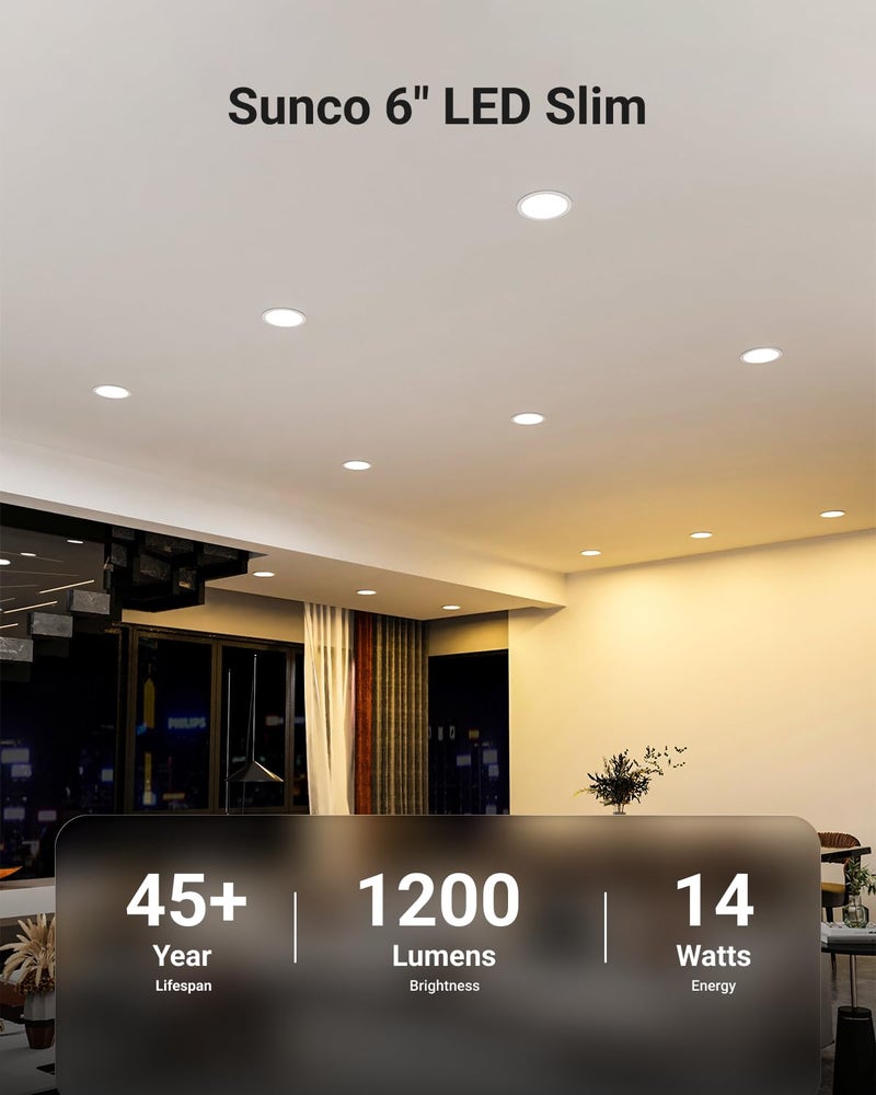 Sunco Lighting 6 Pack 6 Inch Ultra Thin LED Recessed Ceiling Lights, 6000K Daylight Deluxe, Dimmable, 14W, Wafer Thin, Canless with Junction Box - Image 2