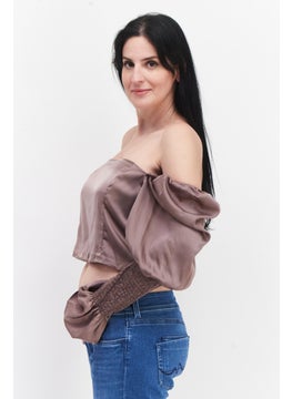 In the style Women Off Shoulder Shirred Sleeve Solid Crop Top, Taupe  - Image 3