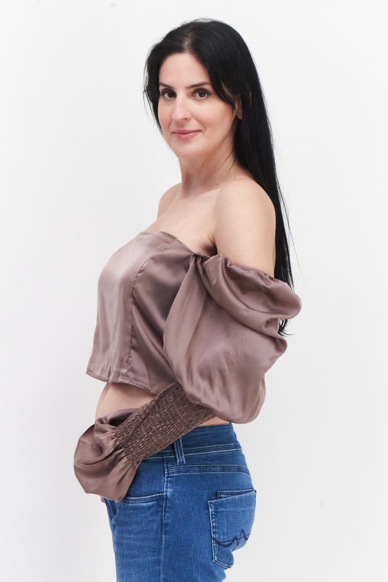 In the style Women Off Shoulder Shirred Sleeve Solid Crop Top, Taupe - Image 3