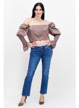 In the style Women Off Shoulder Shirred Sleeve Solid Crop Top, Taupe  - Image 2
