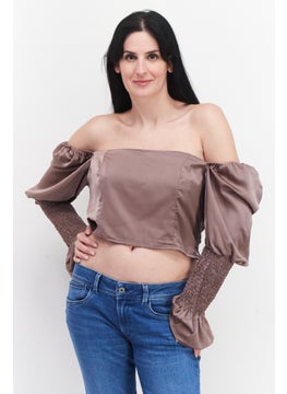 In the style Women Off Shoulder Shirred Sleeve Solid Crop Top, Taupe  - Image 1