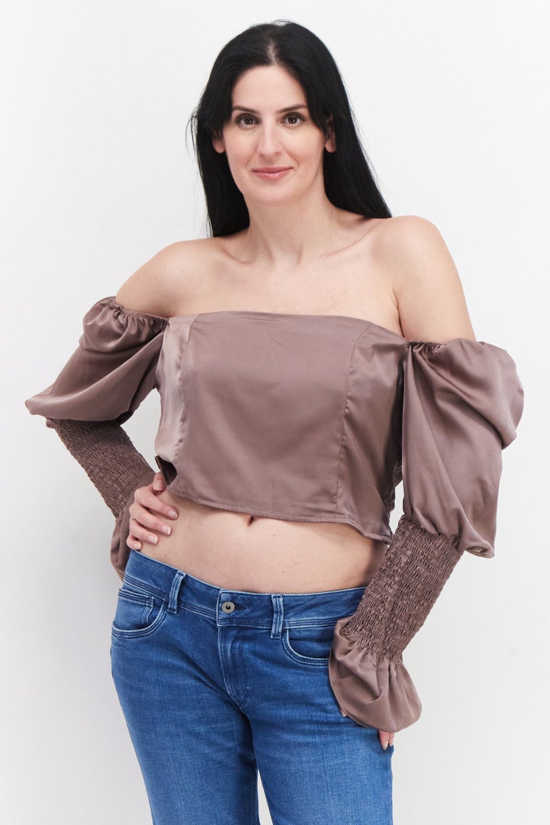 In the style Women Off Shoulder Shirred Sleeve Solid Crop Top, Taupe - Image 1