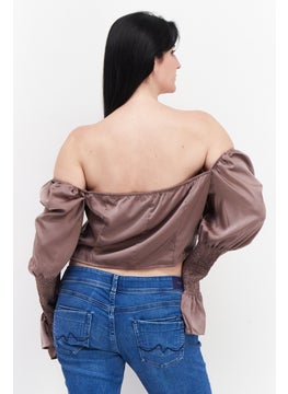 In the style Women Off Shoulder Shirred Sleeve Solid Crop Top, Taupe  - Image 4