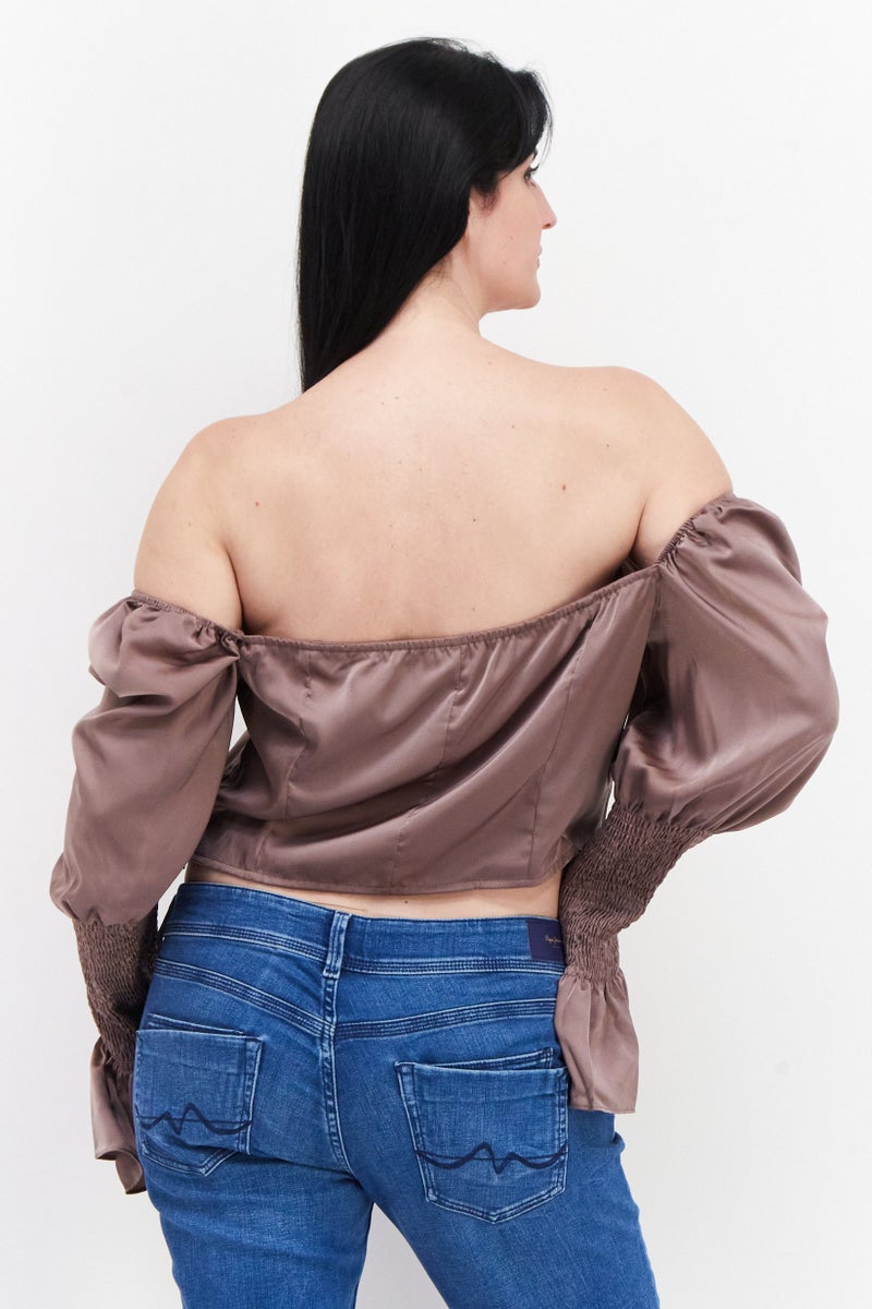 In the style Women Off Shoulder Shirred Sleeve Solid Crop Top, Taupe - Image 4