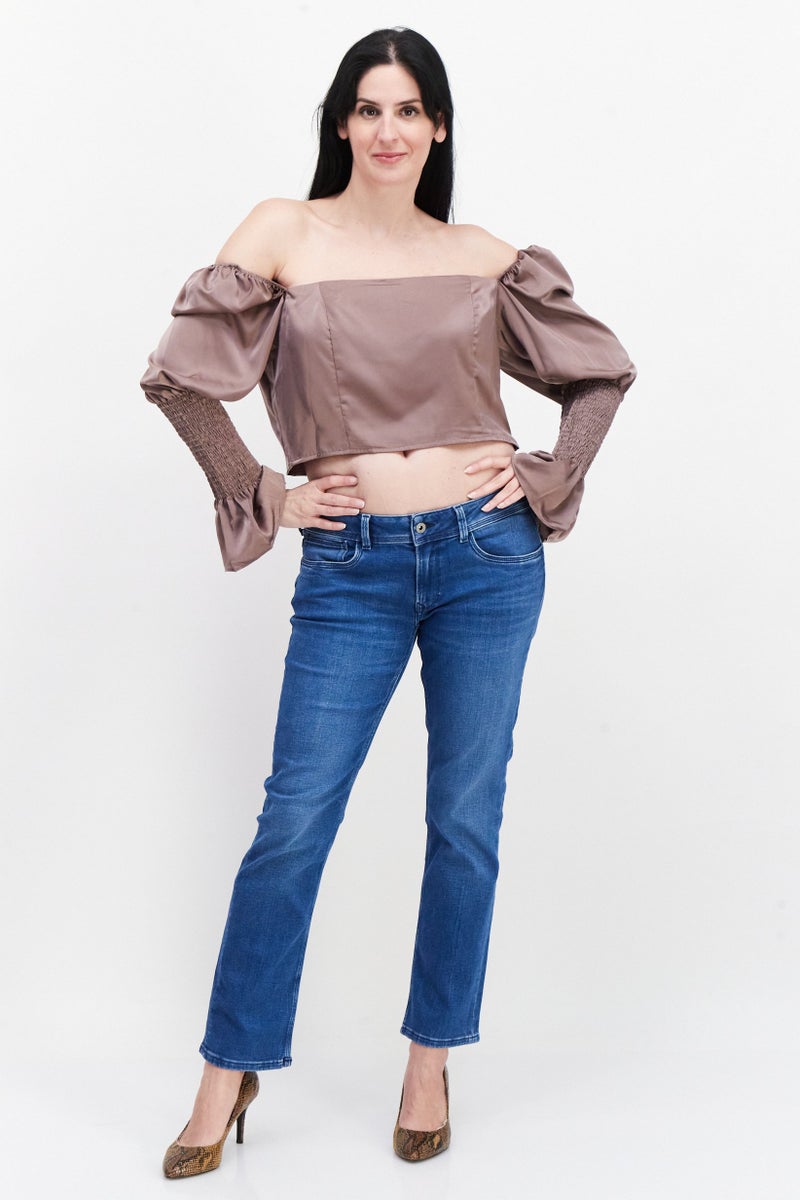 In the style Women Off Shoulder Shirred Sleeve Solid Crop Top, Taupe - Image 2