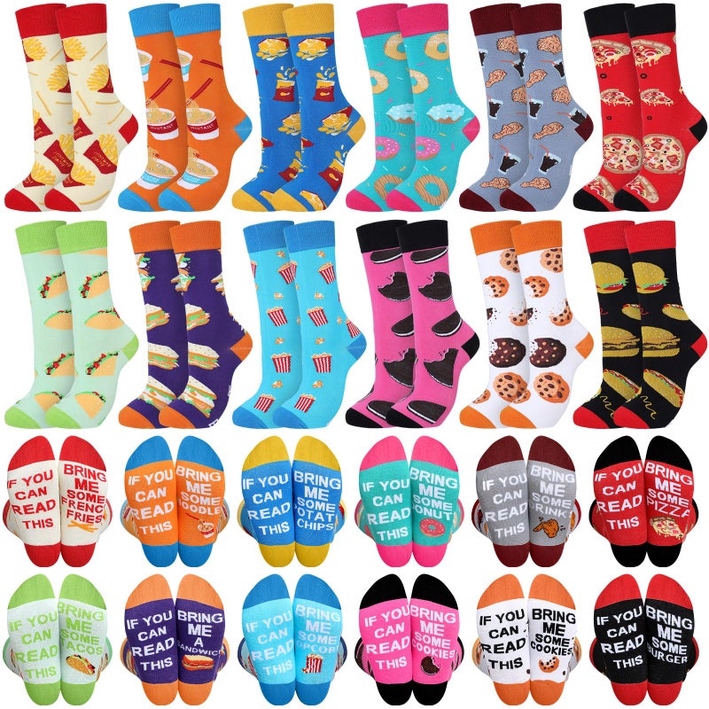 Leumoi 12 Pairs Snack Socks Food Theme Crew Socks French Fries Biscuit Burger Patterned Dress Stocking Gift for Men Women Food Lover - Image 1