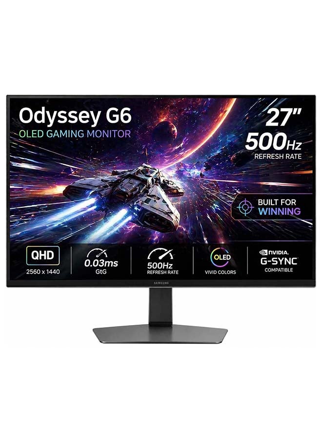 27 inch Odyssey G6 OLED Gaming 500hz monitor with QHD (2560x1440), 0.03 ms GTG response time, HDR10+, FreeSync Premium Pro, G-Sync compatible, USB 3.2 Gen1, DisplayPort 1.4, HDMI 2.1. G60SF LS27FG602SMXUE