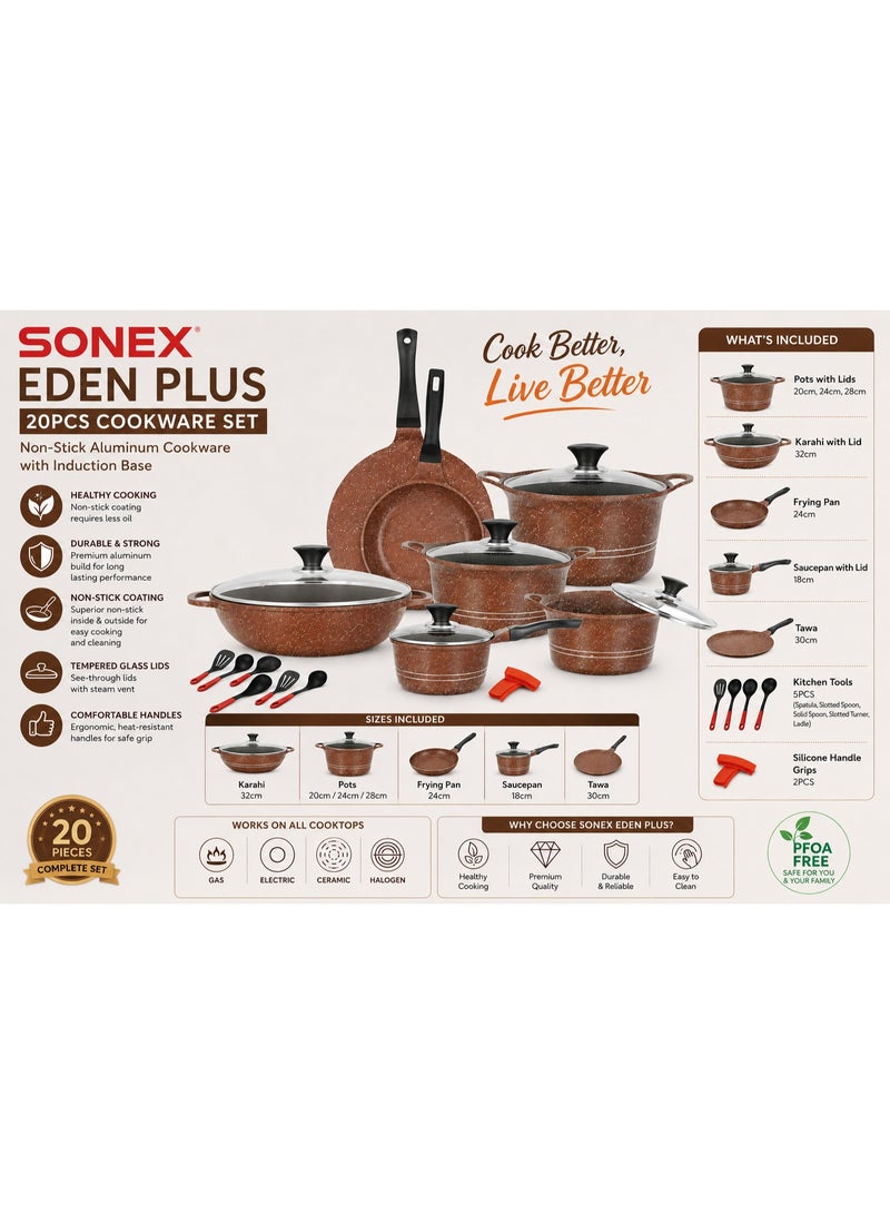SONEX Eden Plus 20-Piece Non-Stick Aluminum Cookware Set with Tempered Glass Lids, Marble Coating, Pots, Karahi, Frying Pan, Saucepan, Tawa & Kitchen Tools - Image 2