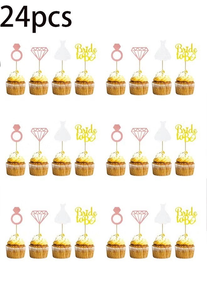 Ailily 24pcs Bride To Be Cupcake Topper Sparkling Glitter Rose Gold Diamond Ring Wedding Dress Cake Toppers for Engagement Wedding Bachelorette Party Bridal Shower Party Decoration - Image 1