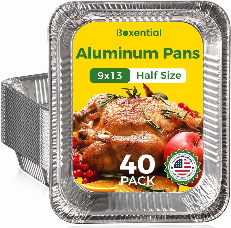 Boxential 9x13 Aluminum Pans [40 Pack], Extra Heavy Duty Half Size Disposable Aluminum Foil Pans, Deep Baking Pans for Cooking, Roasting, Heating, and Steam Tables - Image 1