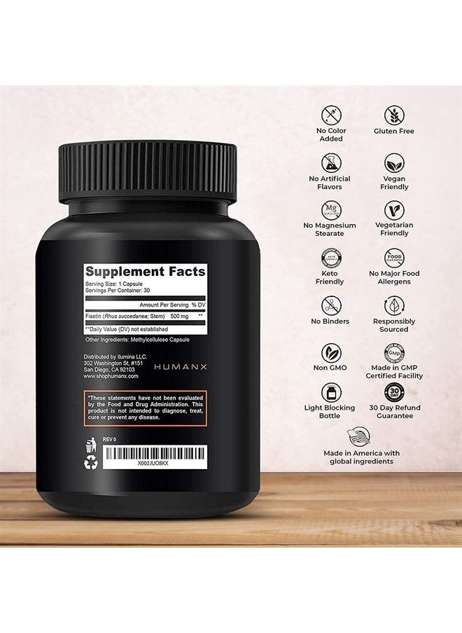 Fisetin 500mg - 98% Pure Fisetin Supplement - USA Third Party Tested (Similar to Apigenin, Luteolin, Quercetin) Senolytic Activator - Natural Polypheonols - Non-GMO Fisetin Capsules