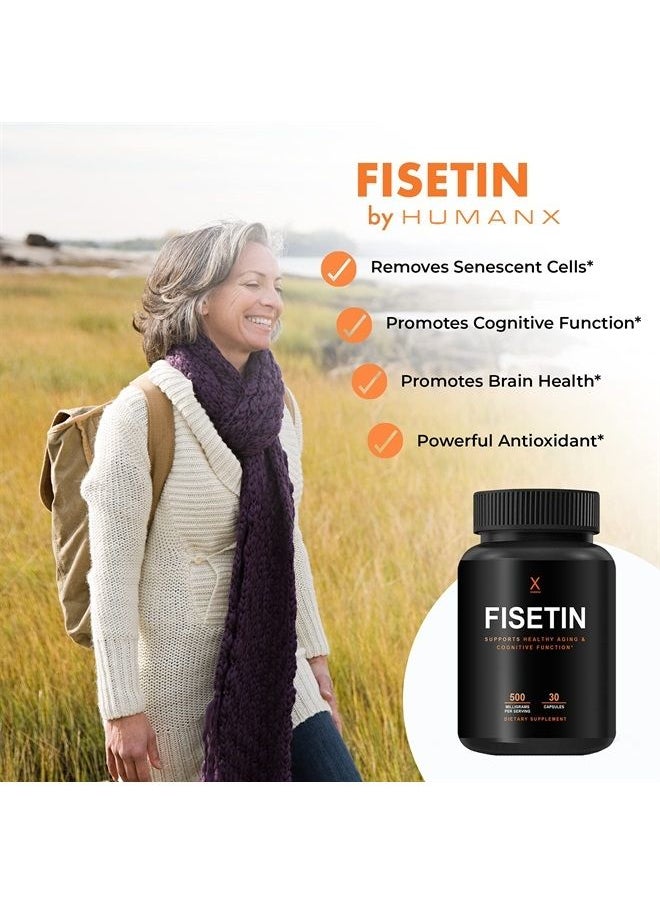 Fisetin 500mg - 98% Pure Fisetin Supplement - USA Third Party Tested (Similar to Apigenin, Luteolin, Quercetin) Senolytic Activator - Natural Polypheonols - Non-GMO Fisetin Capsules