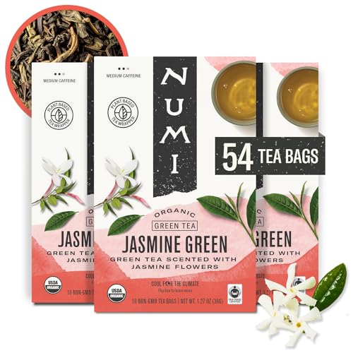 Numi Organic Green Tea with Jasmine 54 Green Tea Bags Scented with Real Jasmine Flowers MicroPlastic Free Compostable Bags - Image 1