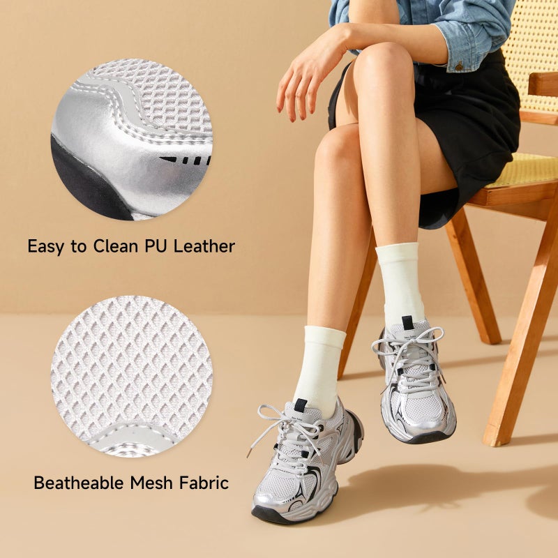 BEAU TODAY Womens Chunky Sneakers Platform Fashion Sneakers for Women Non-Slip Breathable Women's Dad Shoes Comfortable Lace-up Wide Width Tennis Shoes Silver US 8 - Image 5