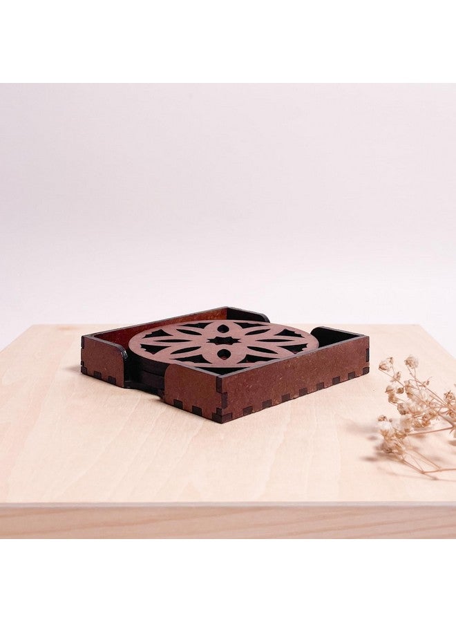 IndionArt Pancha 99mm Decorative Wooden Tea Coaster Set with Stand Hand-Painted Spill-Resistant Mandala Design (6, Warm Walnut) - Image 2