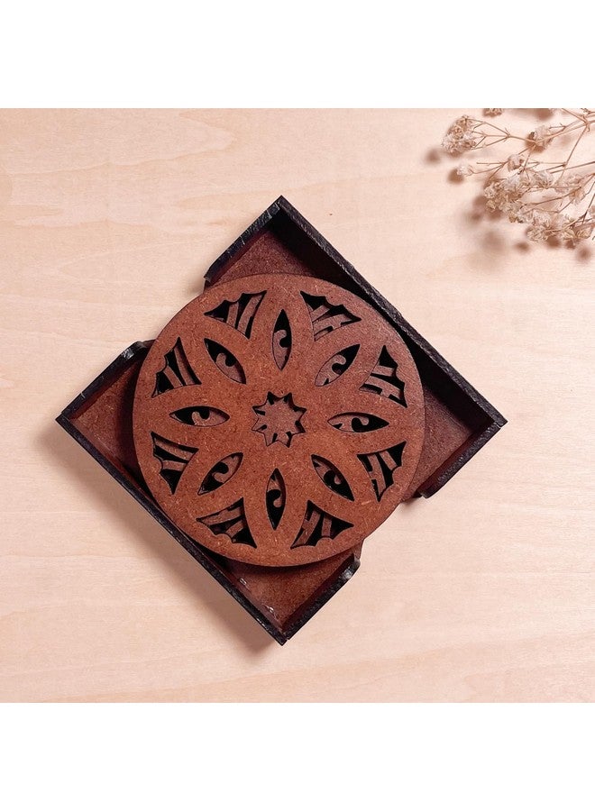 IndionArt Pancha 99mm Decorative Wooden Tea Coaster Set with Stand Hand-Painted Spill-Resistant Mandala Design (6, Warm Walnut) - Image 1