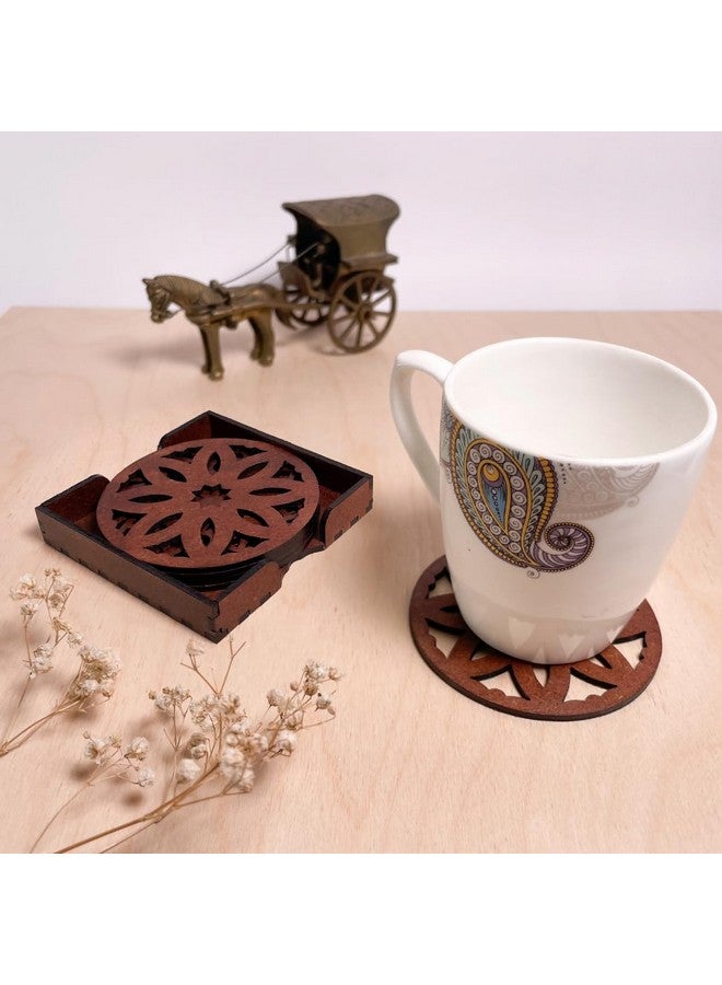 IndionArt Pancha 99mm Decorative Wooden Tea Coaster Set with Stand Hand-Painted Spill-Resistant Mandala Design (6, Warm Walnut) - Image 4