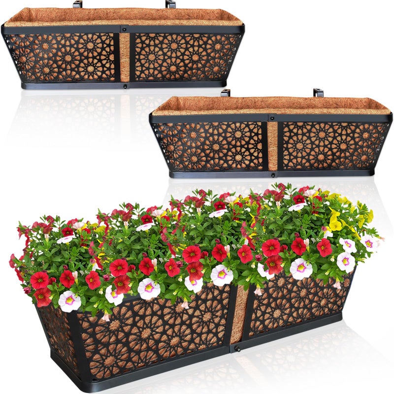 ZeeDix 3 Pack Metal Window Box for Railings, 24 Inch Over Railing Planter Boxes with Coco Liners, Hanging Flower Box Planters for Outdoor Fence Deck Porch Balcony & Patio - Image 1