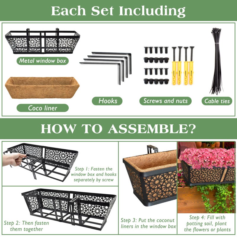 ZeeDix 3 Pack Metal Window Box for Railings, 24 Inch Over Railing Planter Boxes with Coco Liners, Hanging Flower Box Planters for Outdoor Fence Deck Porch Balcony & Patio - Image 4