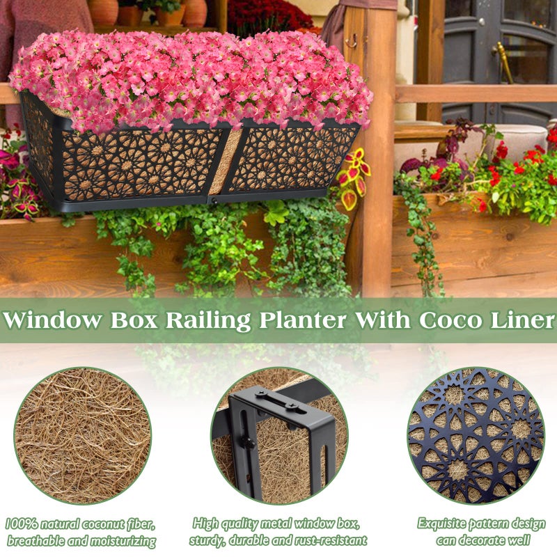 ZeeDix 3 Pack Metal Window Box for Railings, 24 Inch Over Railing Planter Boxes with Coco Liners, Hanging Flower Box Planters for Outdoor Fence Deck Porch Balcony & Patio - Image 2