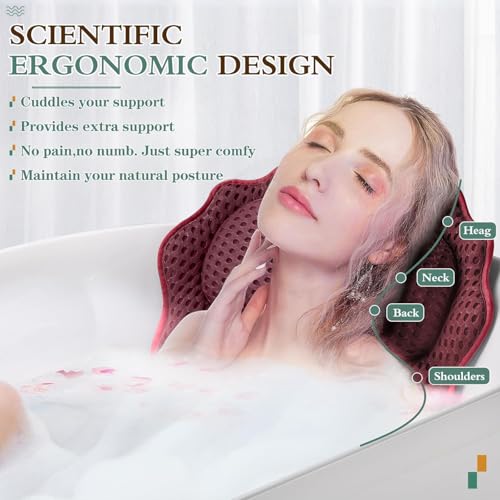 RUVINCE Bath Pillow RUVINCE Ergonomic Luxury Bathtub Pillow with HeadNeck Shoulder and Back Support 4D Bath Pillows for tub with 6 Powerful Suction Cups Fits All Bathtub Spa Tub Hot Jacuzzi Dark red - Image 3