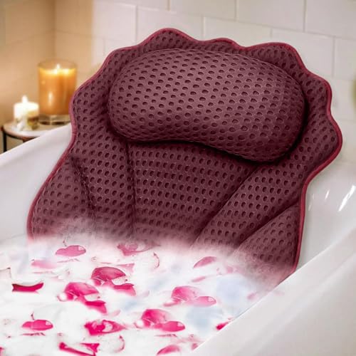 RUVINCE Bath Pillow RUVINCE Ergonomic Luxury Bathtub Pillow with HeadNeck Shoulder and Back Support 4D Bath Pillows for tub with 6 Powerful Suction Cups Fits All Bathtub Spa Tub Hot Jacuzzi Dark red - Image 1