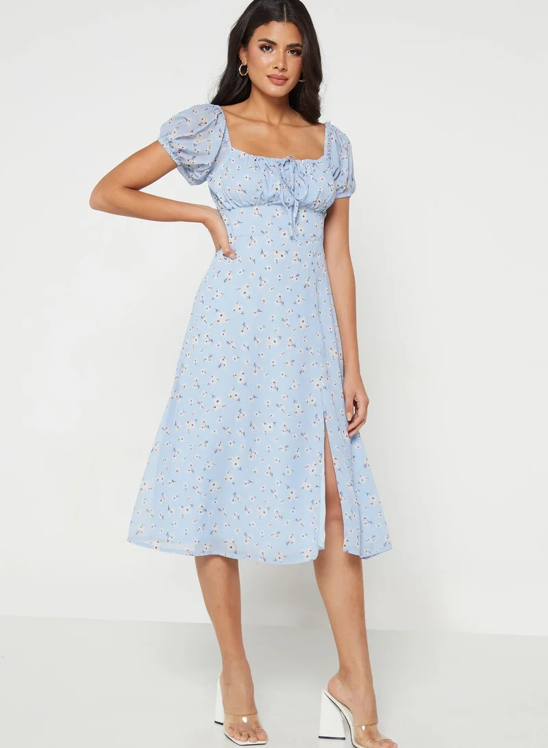 FabAlley Powder Blue Floral Smocked Milkmaid Dress