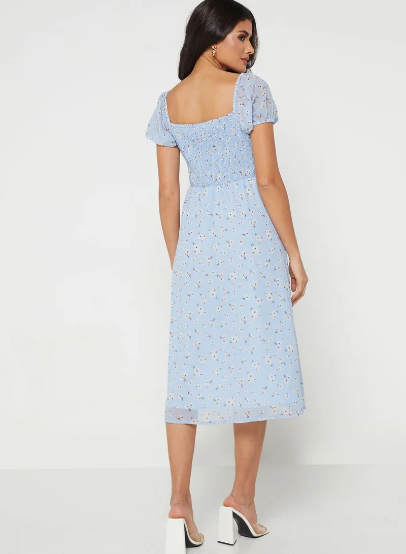 FabAlley Powder Blue Floral Smocked Milkmaid Dress