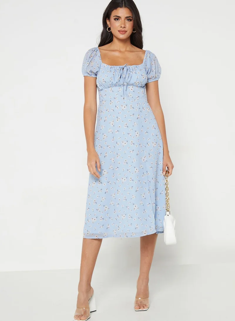 FabAlley Powder Blue Floral Smocked Milkmaid Dress