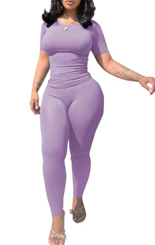 PINSV 2 Piece Sets for Women Summer Casual Jogger Workout Outfits Fitted Crew Neck T-shirt High Waist Legging Sets Purple L - Image 2