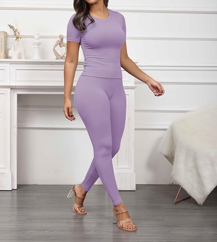 PINSV 2 Piece Sets for Women Summer Casual Jogger Workout Outfits Fitted Crew Neck T-shirt High Waist Legging Sets Purple L - Image 3