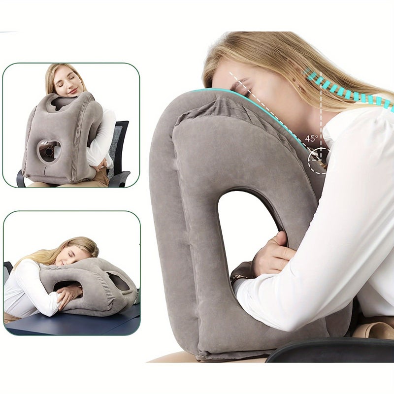 Grey Ergonomic Inflatable Travel Pillow for Flights Car or Office Naps - Image 1