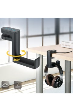Y&D Headphone Stand with USB Charger, 360° Swivel Headset Hanger and Adjustable Springed Clamp, Under Desk Space Save Mount Fold Holder 3.0 x1 + 2.0 x3  - Image 2