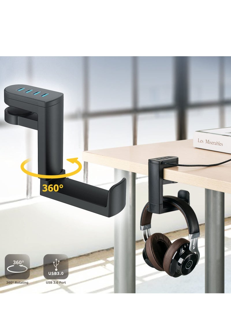 Y&D - Headphone Stand with USB Charger, 360° Swivel Headset Hanger and Adjustable Springed Clamp, Under Desk Space Save Mount Fold Holder 3.0 x1 + 2.0 x3 - Image 1