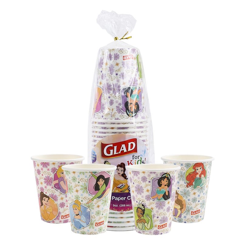 Glad for Kids Disney Princess Disposable Paper Cups, 9 Oz Soak-Proof Heavy Duty Kids Drinking Cups with Floral Princess Character Prints for Everyday Meals and Snack Time, 24 Count - Image 1