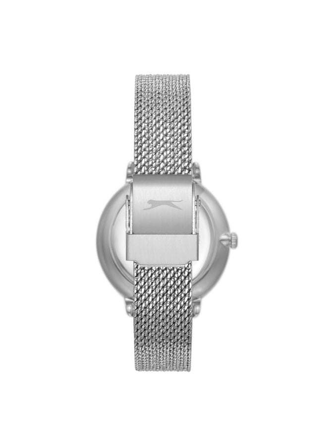 سلازنجر ساعة نسائية بعقارب وسوار شبكي فضي - Image 4