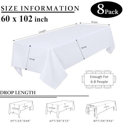 CKIKU 8 Packs White Table Cloth Rectangle 60x102 Inch for 6 Foot Rectangle Tables, Wrinkle Resistant Polyester Fabric Tablecloth Washable Rectangular Table Covers for Dining Wedding Party Buffet - Image 2