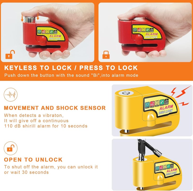 Mathtoxyz Motorcycle Alarm Disc Brake Lock, Motorcycle Locks Anti Theft Security Wheel Disc Lock Waterproof 110dB Alarm Sound with 5ft Reminder Cable Keys and Carry Pouch for Motorbike Bike Scooter - Image 4