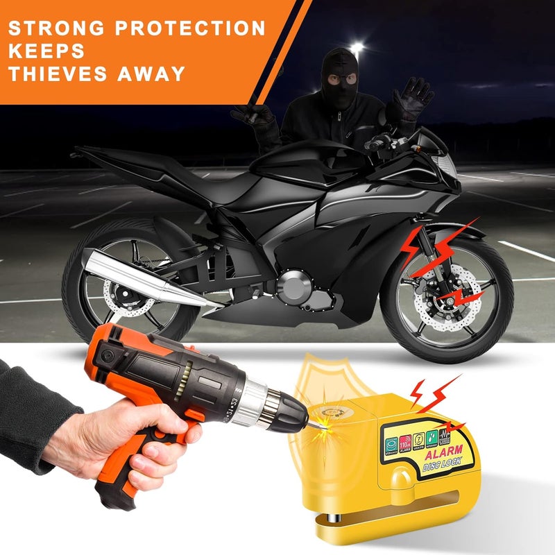 Mathtoxyz Motorcycle Alarm Disc Brake Lock, Motorcycle Locks Anti Theft Security Wheel Disc Lock Waterproof 110dB Alarm Sound with 5ft Reminder Cable Keys and Carry Pouch for Motorbike Bike Scooter - Image 2