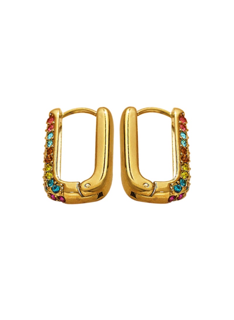 كاف كريشنس طقم من الفولاذ المقاوم للصدأ مطلي بالذهب 18 قيراط، وأقراط دائرية مربعة، وأحجار كريمة من الكريستال وقوس قزح، - Image 4